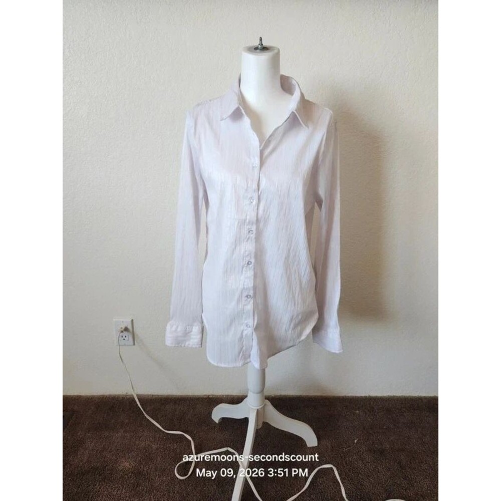 Como Blu white satin shimmer striped button front blouse SZ L